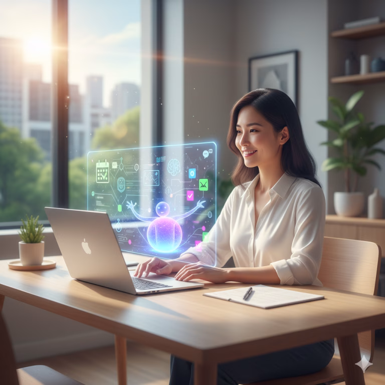 Smiling professional using AI productivity tools for time management and focus